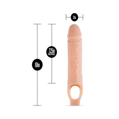 Vanilla-colored 10 inch silicone penis extender with ball strap and detailed measurements shown.