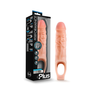 Vanilla-colored 9 inch silicone penis extender sheath with textured design and ball strap, shown with packaging box.