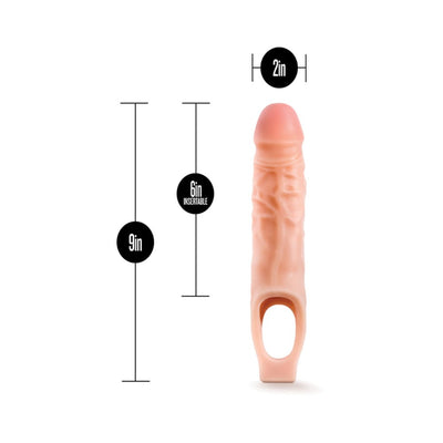 Vanilla-colored 9-inch silicone penis extender with 6-inch insertable length and 2-inch width, featuring a ball strap.
