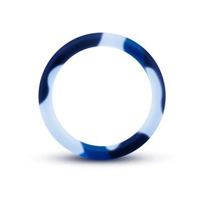 Blue and white camouflage silicone cock ring with a smooth, flat design on a white background.
