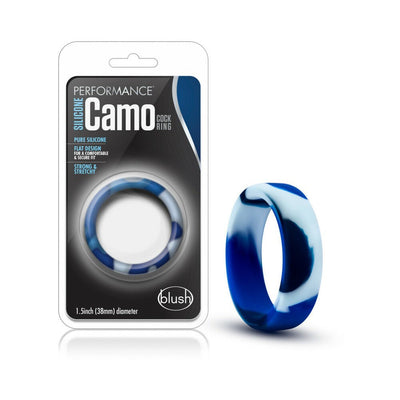 Blue and white silicone camo cock ring with flat design shown in packaging and separately.
