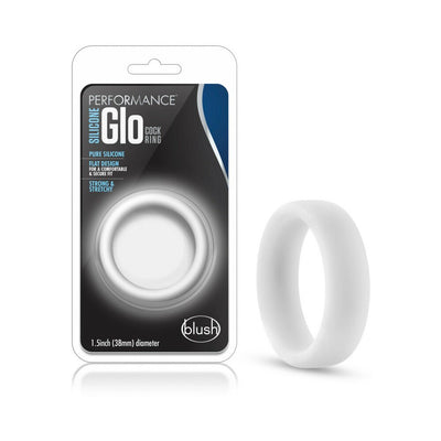 Performance Silicone Glo Pro Cock Ring in white, shown with packaging highlighting its soft, stretchy silicone design.