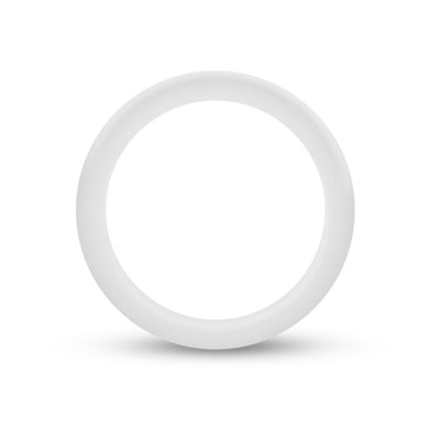 Glow in the dark white silicone cock ring with smooth, stretchy design and flat profile for comfort and durability.