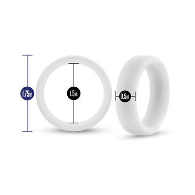 White silicone cock ring shown with dimensions 1.75 inch outer diameter, 1.5 inch inner diameter, and 0.5 inch width.