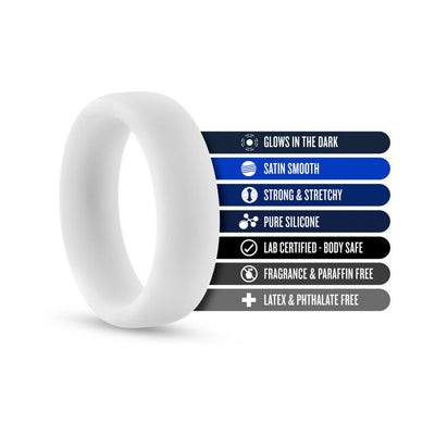 White silicone glow-in-the-dark cock ring with key features listed including satin smooth, stretchy, body safe, and free from latex and phthalates.