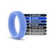 Blue silicone glow-in-the-dark cock ring with key features listed including satin smooth, stretchy, body safe, and latex free.