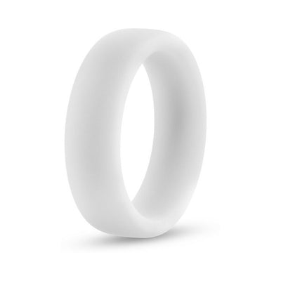 White glow silicone cock ring with smooth, stretchy, no-slip design for comfort and durability.