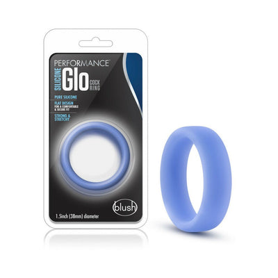 Blue silicone glow-in-the-dark cock ring with flat design shown in packaging and separately.