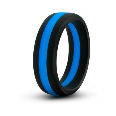 Black silicone ring with a bright blue stripe, smooth finish, designed for comfortable wear.