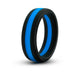 Black silicone ring with a bright blue stripe, smooth finish, designed for comfortable wear.
