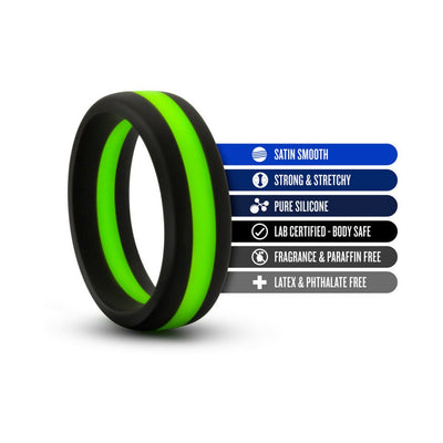 Black and green silicone ring with satin smooth finish and key features listed including body safe and stretchy design.