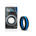 Black and blue silicone performance ring with flat design shown in packaging and separately on white background.
