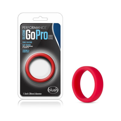 Red silicone Go Pro cock ring with flat design shown in packaging and separately on white background.