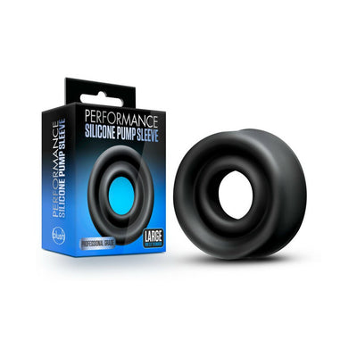 Blush Performance large black silicone pump sleeve with packaging for 2.5-inch cylinders, smooth and durable design.