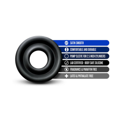 Black silicone pump sleeve with features including satin smooth texture, durability, and body-safe certification.