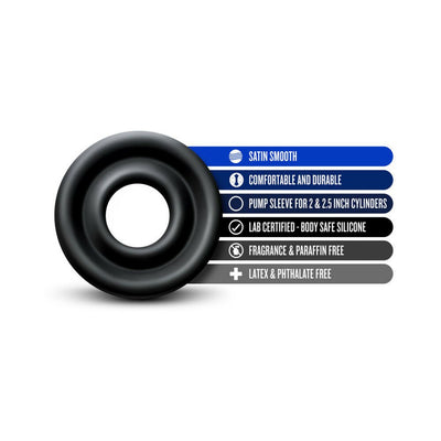 Black silicone pump sleeve with key features listed including satin smooth, durable, body safe, and compatible with 2 and 2.5 inch cylinders.