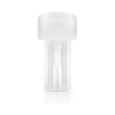 Clear textured stroker pump sleeve with ribbed interior, designed for use alone or with a pump cylinder.