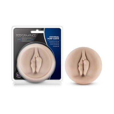 Beige universal pump sleeve with realistic texture, shown in and out of packaging for penis pump compatibility.