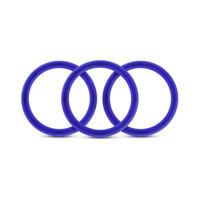 Set of three medium-sized premium silicone cock rings in vibrant blue, designed for comfort and durability.