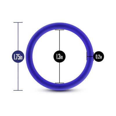 Medium-sized blue silicone ring with dimensions 1.75in outer diameter, 1.3in inner diameter, and 0.2in thickness.