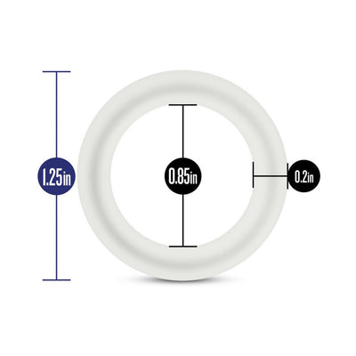 White silicone ring with dimensions labeled: 1.25 inch outer diameter, 0.85 inch inner diameter, and 0.2 inch thickness.