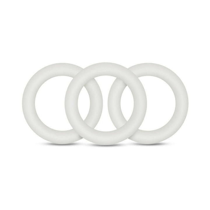Three white premium silicone cockrings arranged side by side on a white background.