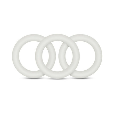 Three white premium silicone cockrings arranged side by side on a white background.