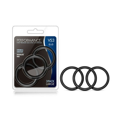 Set of three large black silicone cock rings with packaging highlighting strong, stretchy, and phthalate-free features.