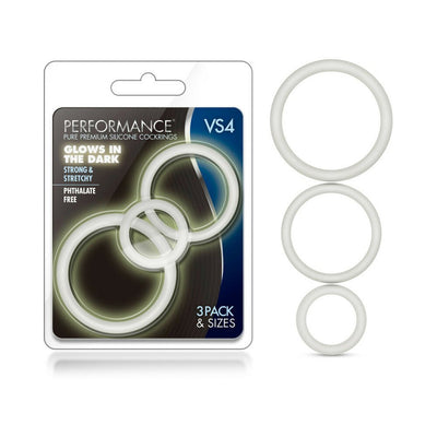 Clear glow-in-the-dark silicone cock rings in three sizes displayed with packaging for performance and stretch.