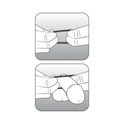 Illustration showing hands stretching a beaded cock ring and placing it on an erect penis.