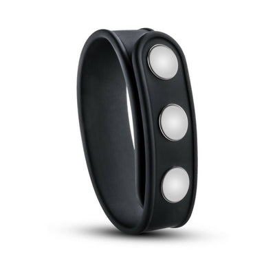 Black silicone adjustable strap with three silver snap buttons, designed for comfort and secure fit.