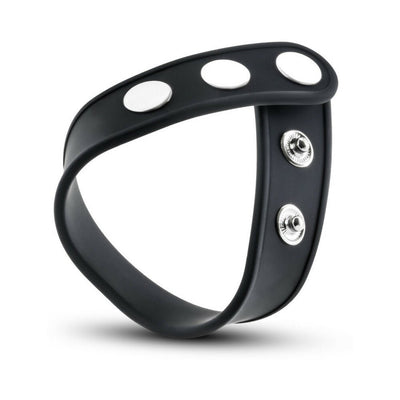 Black silicone strap with three adjustable silver snap buttons for a secure and comfortable fit.