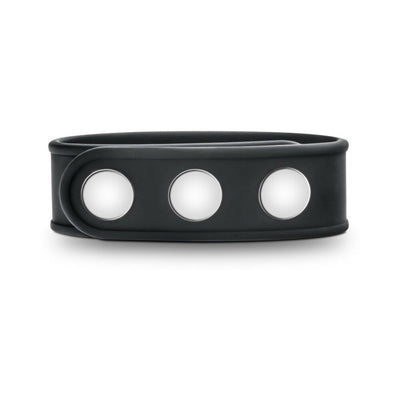 Black silicone adjustable strap with three metal snap closures for a secure and comfortable fit.