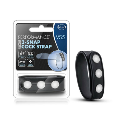 Black silicone cock strap with three adjustable snap closures shown in packaging and separately.