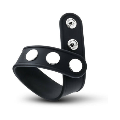Black silicone adjustable strap with three silver snap buttons for a secure and comfortable fit.