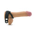 Black silicone cock and ball strap with three snap closures displayed on a realistic model.