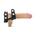 Black silicone double cock and ball strap displayed on a realistic flesh-toned model for fit demonstration.