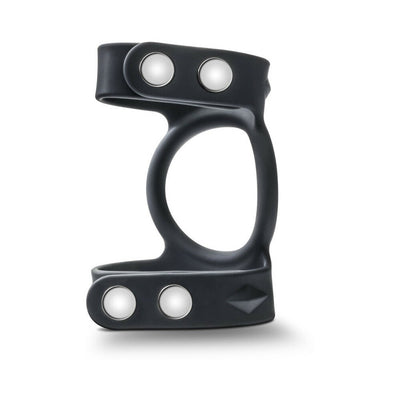 Black silicone double cock and ball strap with adjustable snap closures for comfortable fit and support.