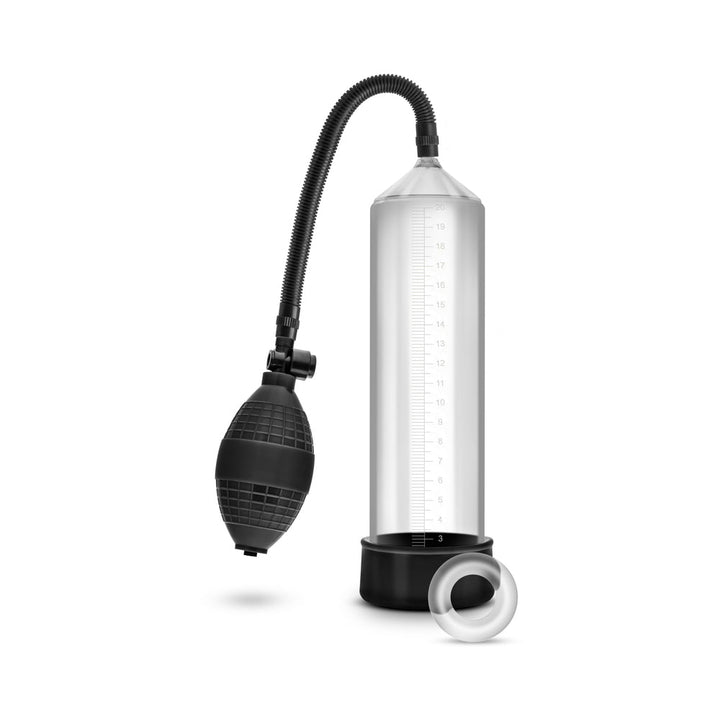 Blush Performance VX101 male enhancement pump with clear cylinder, black hand pump, and included transparent ring accessory.