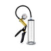 Clear vacuum pump cylinder with black silicone tubing, brass pistol hand pump, and pressure gauge for male enhancement.