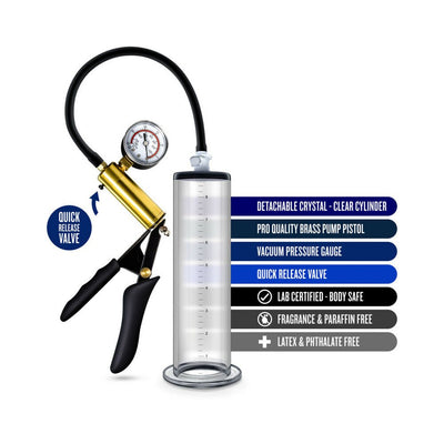 Clear detachable cylinder vacuum pump with brass pistol handle, pressure gauge, and quick release valve for safe use.