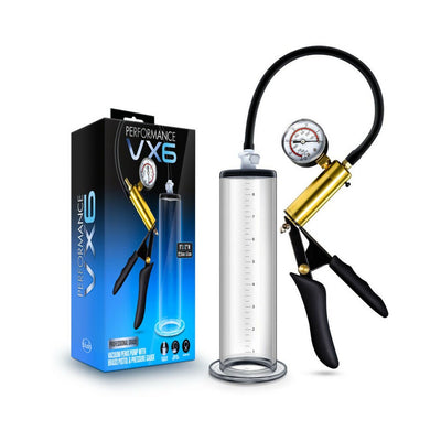 Clear vacuum pump cylinder with black tubing and brass hand pump pistol, shown with blue and black product packaging.