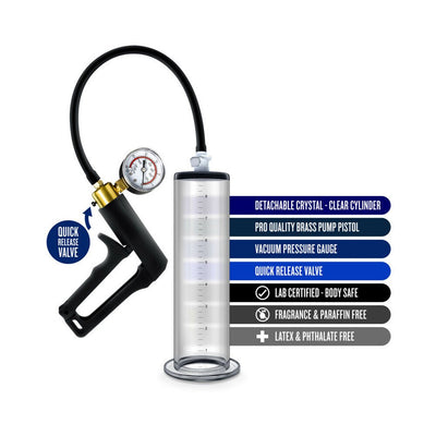 Clear detachable cylinder vacuum pump with brass trigger, pressure gauge, and quick release valve for safe use.