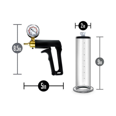 Clear vacuum pump cylinder with black and brass trigger handle and pressure gauge, shown with size measurements.