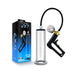 Clear Performance VX7 vacuum penis pump with brass trigger, pressure gauge, and black hose next to product packaging.