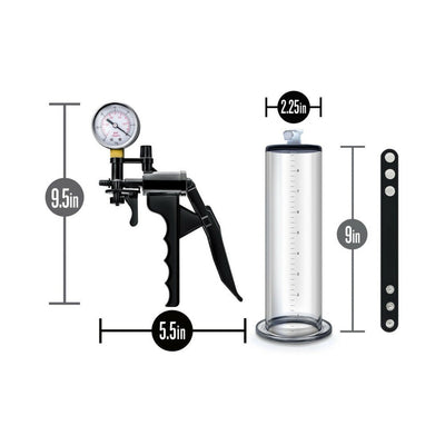 Clear VX8 penis pump system with pressure gauge, silicone cock strap, and size dimensions displayed on a white background.