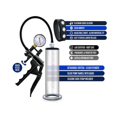 Clear cylinder penis pump with black handle, pressure gauge, silicone cock strap, and quick-release valve shown with key features.