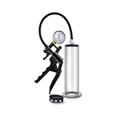 Clear penis pump system with pressure gauge, black pistol grip pump, silicone strap, and transparent measuring cylinder.