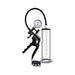 Clear penis pump system with pressure gauge, black pistol grip pump, silicone strap, and transparent measuring cylinder.