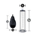 Clear cylindrical auto penis pump with black power unit, showing detailed size measurements.